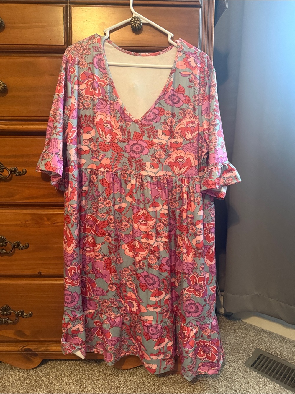 Floral V-Neck Ruffle-Sleeve Women’s Dress in Pink and Gray